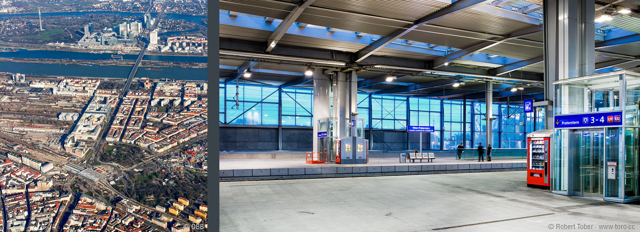 Luftaufnahme des Bahnhofs am Praterstern © ÖBB · Bahnsteig mit Verkaufsautomat und Aufzug © Robert Tober