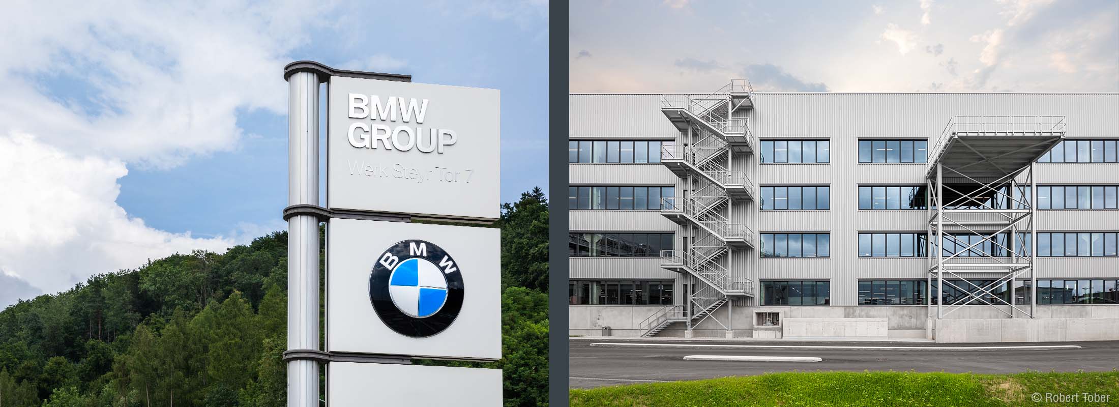BMW Werk Steyr · BMW Logo · Fassade der Fertigungshalle · Foto: Robert Tober