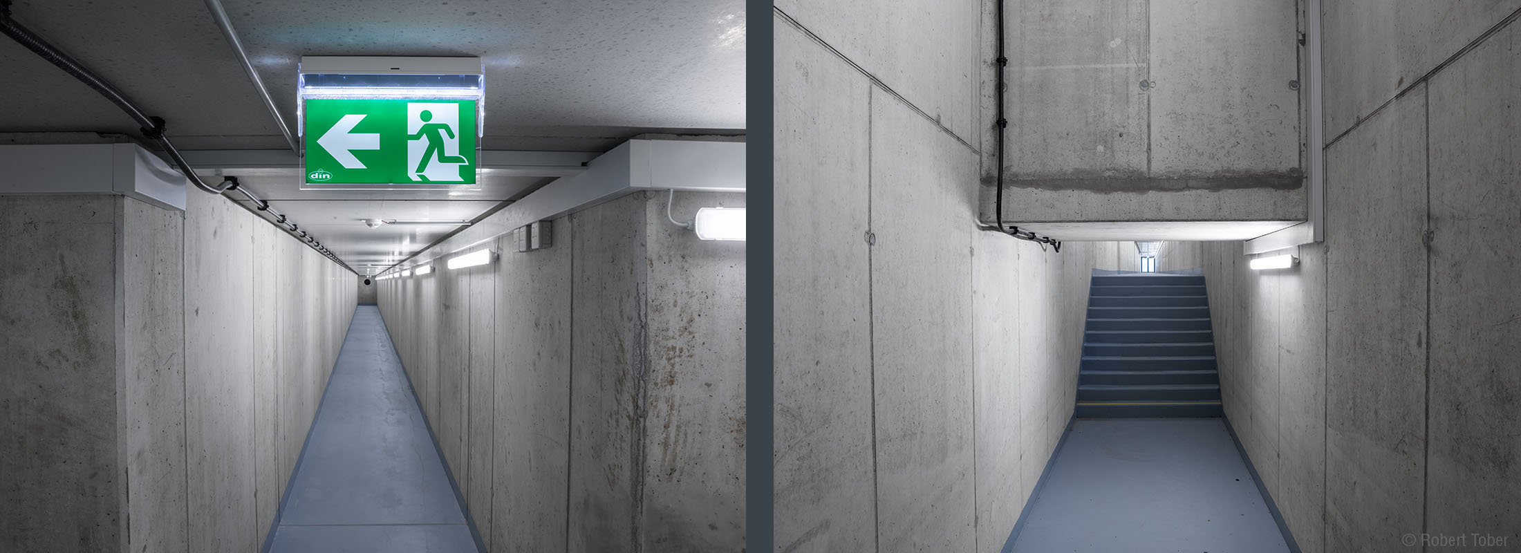 BMW Werk Steyr · Fluchtwegstunnel mit beleuchteter Kennzeichnung · Foto: Robert Tober