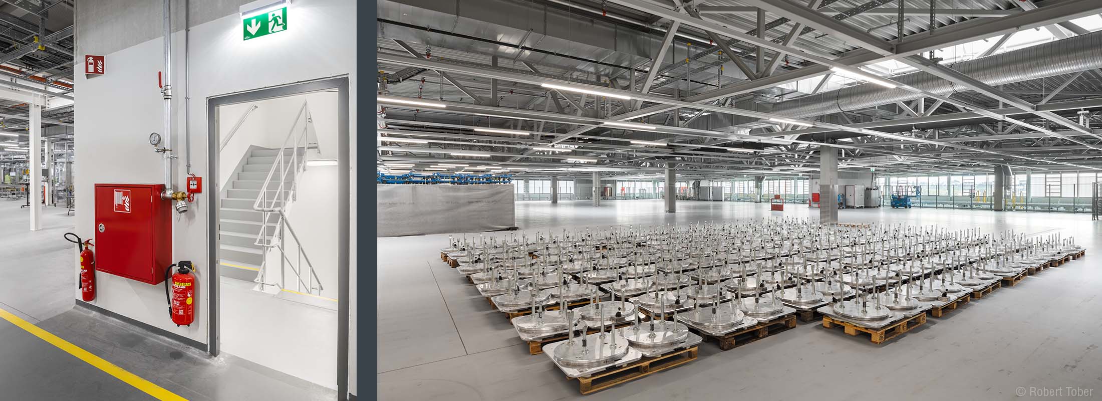 BMW Werk Steyr · Wandhydrant und Feuerlöscher neben dem Fluchttreppenhaus in der Fertigungshalle für Getriebe · Foto: Robert Tober
