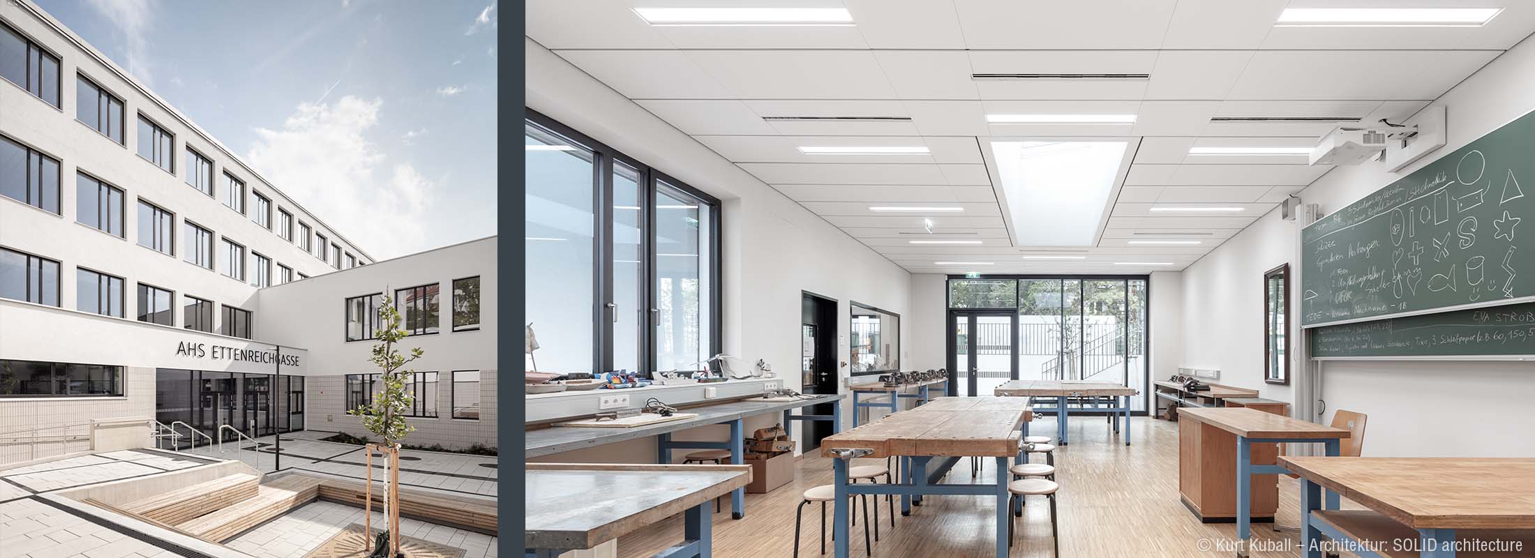 AHS Ettenreichgasse, Haupteingang und Klassenraum · Foto: Kurt Kuball · SOLID architecture