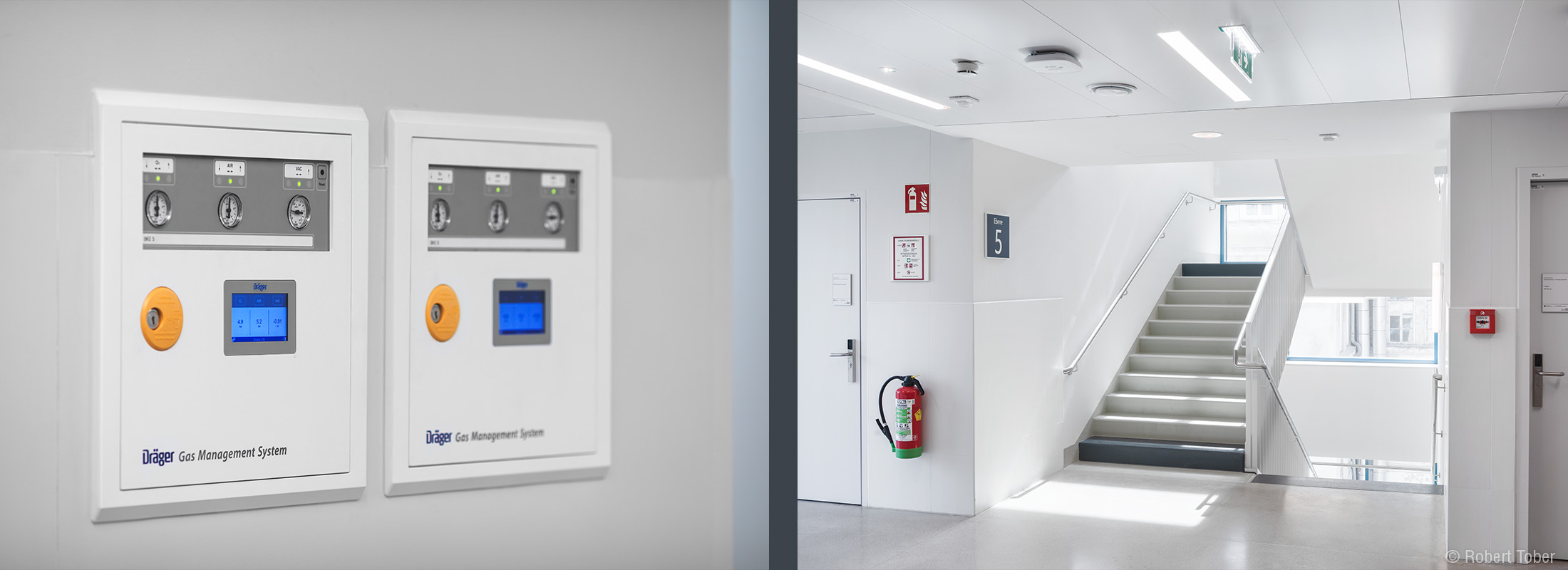 AKH Wien Stationsgebäude Süd, Dräger Gas Management System, Stiegenhaus · Foto: Robert Tober